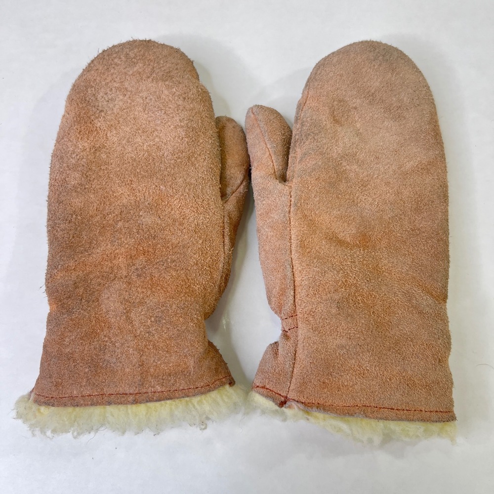 Goodwear Glove Vintage Suede Leather Mittens Tan Faux Shearling Lined Size 7